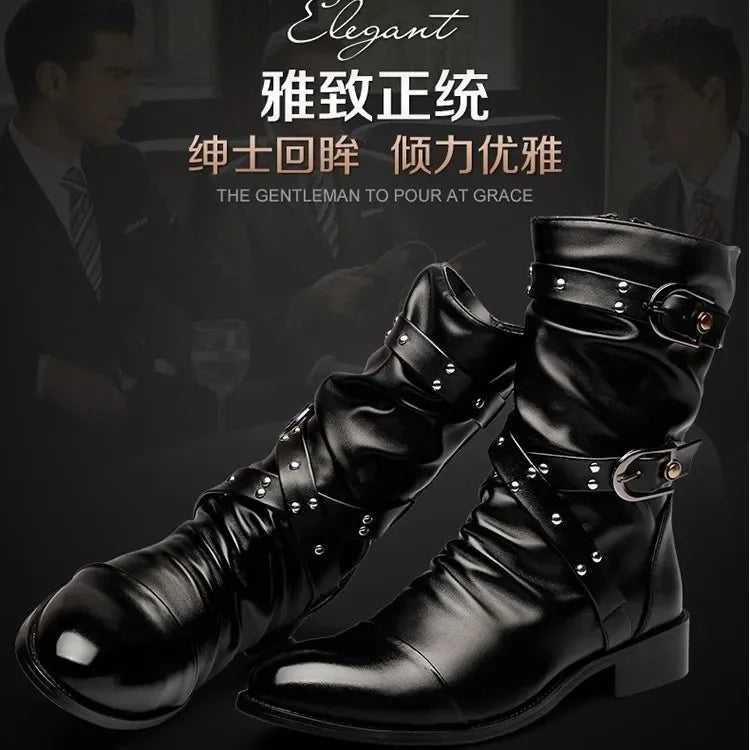 Men's Leather High Quality Mid Tube Boots Fashion Classic Autumn Winter Black Punk Rock Shoes Casual Men