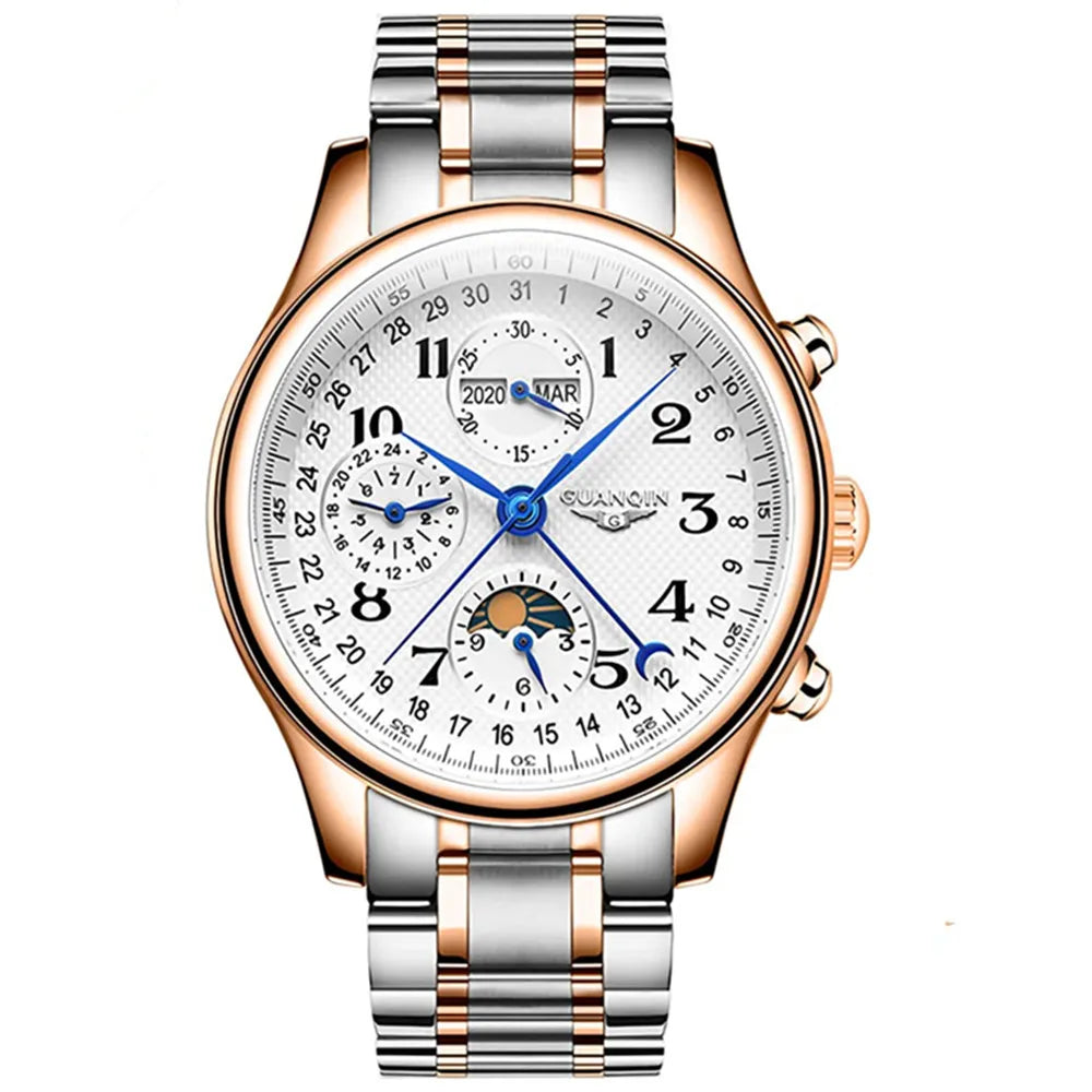 GUANQIN Leather Steel Mechanical Sapphire Men Watches Top Brand Luxury Waterproof Automatic Wristwatch Calendar Moon Phase