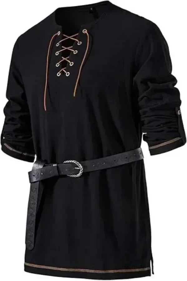 Men Medieval Lace Up Linen Long Sleeve Tunic Viking Pirate Renaissance Cosplay Shirt With Vintage Embossed Leather Belt