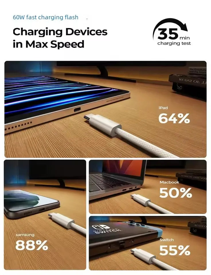 PD 60W Dual USB-C Fast Charging Braided Cable For iPhone 15 16 17Pro Max 15  Plus Type C to Type C Quick Charger Cable With Box