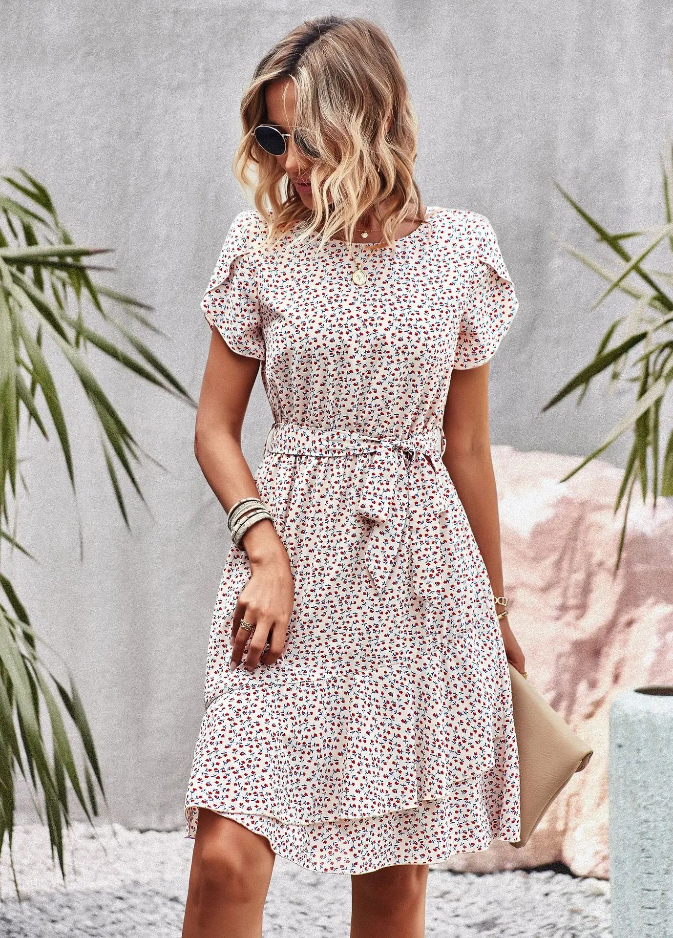 Msfilia Fashion O Neck Casual Printd Dress Women Summer Strap High Waist Pleated Dresses For Female