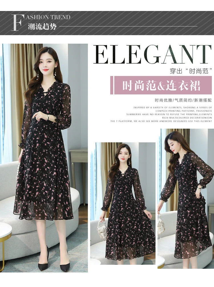 Woman Dress Summer Autumn New Long Sleeve Small Floral Chiffon Dress Dress Vestido De Mujer