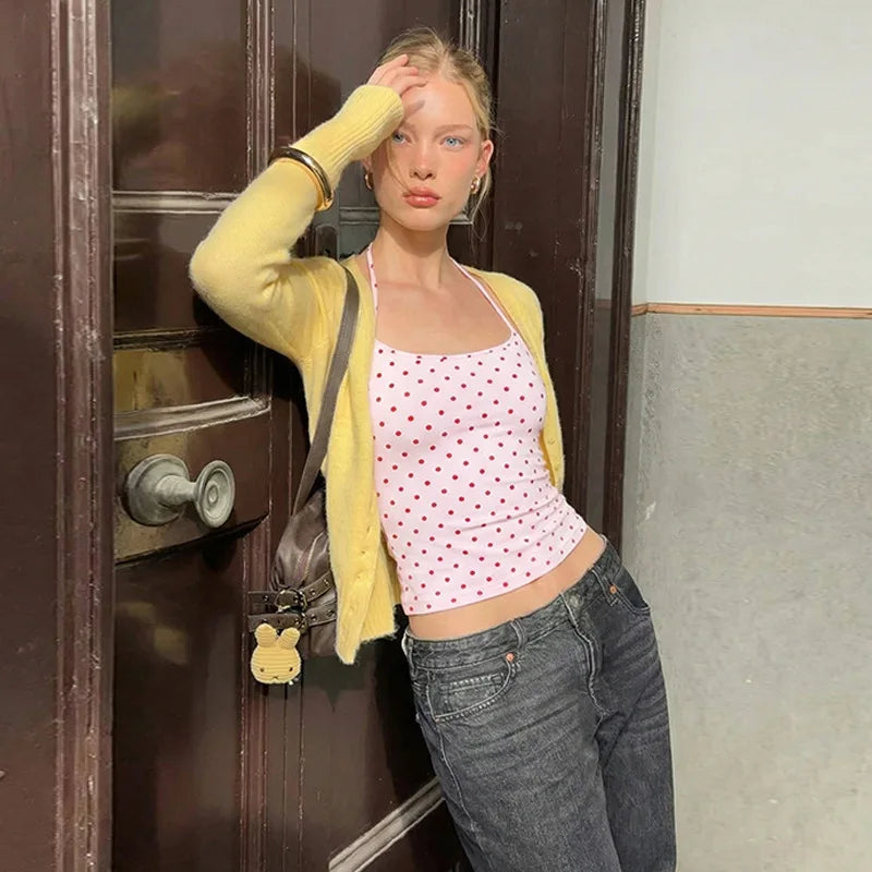 Fashion Polka Dot Halter Neck Tank Top Women Slim Fit Thin Strap Sleeveless Casual Summer Camisole