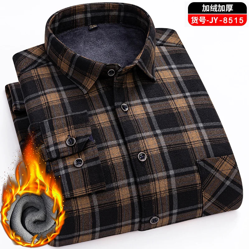 Men's long-sleeved shirts with added fleece and thickening are warm, casual in winter, skin-friendly, soft and cold-resistant