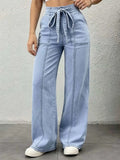 High Waist Belted Wide Leg Pants for Women with Large Patch Pockets And Splicing Stitching Design