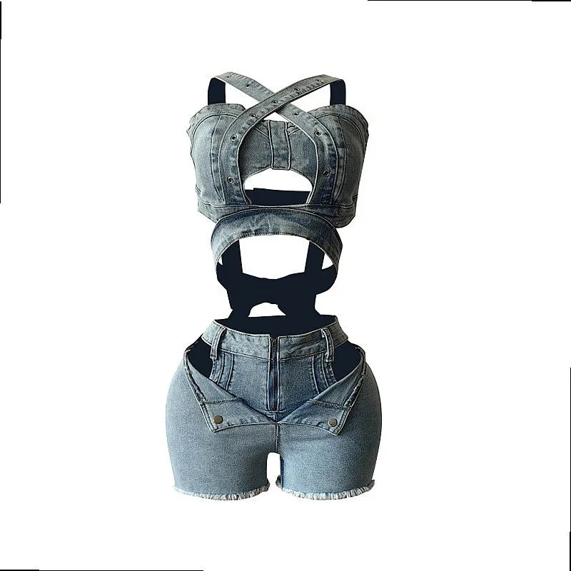 New Denim Vest Shorts Matching Set, Corset Tube Top Strappy Denim Vest Tops with Stretchy Shorts Sets