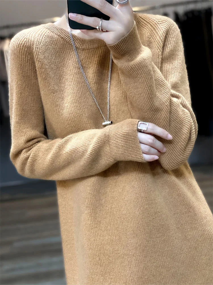 Knit Dresses for Women's Fashion Sweater 100% Merino Wool Winter Ladies O-Neck Warm Knitted Dress Fall Female Casual Black Skirt