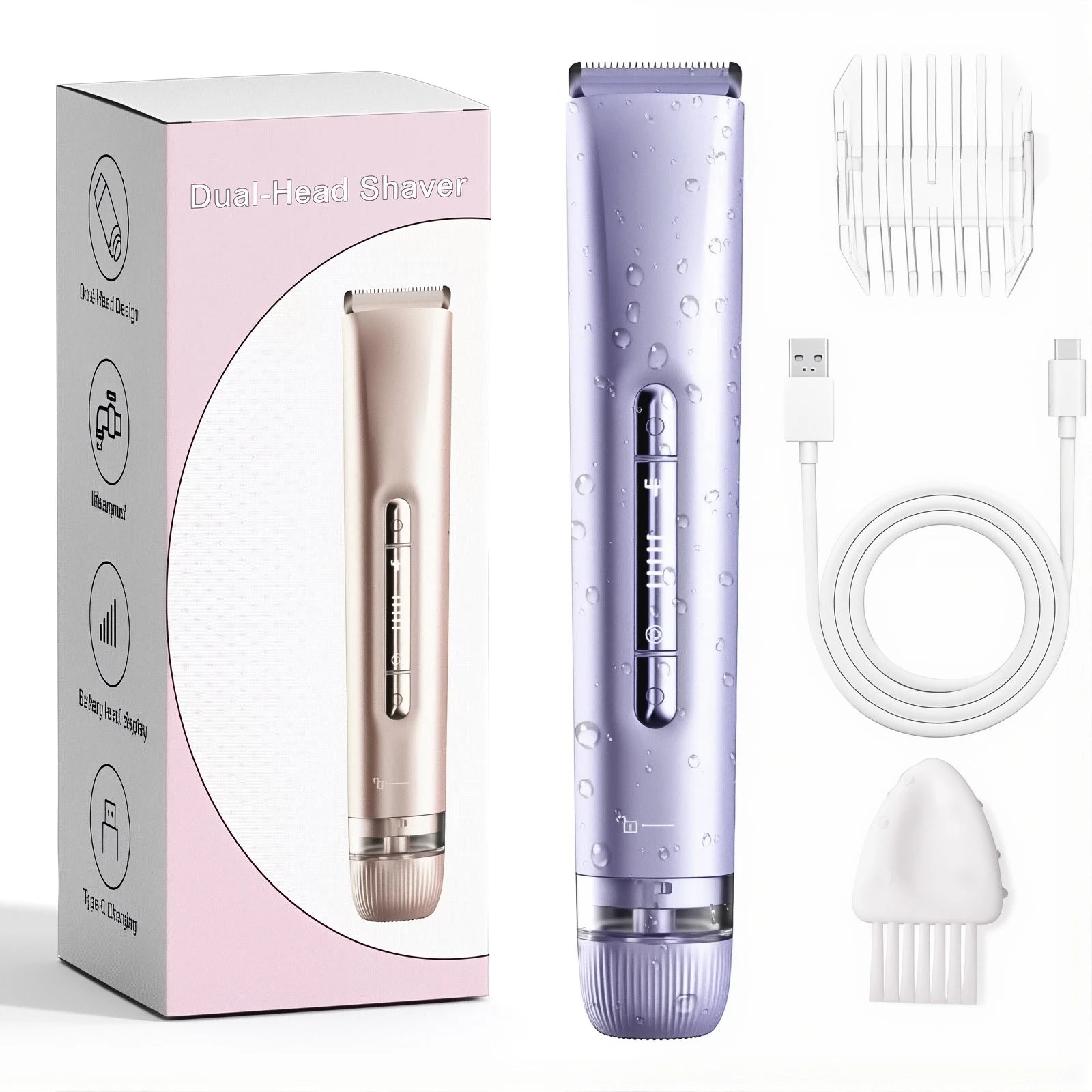 Electric Hair Trimmer 2-in-1 USB Rechargeable Waterproof for Women & Men Bikini Nose Eyebrows Trimming with Dual Heads