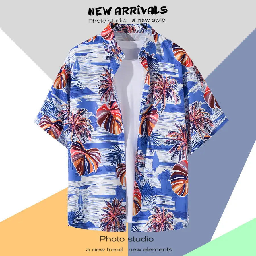 New Summer Casual Short Sleeved Shirt Korean Version Fashionable Men's and Women's Loose Collar Hawaiian Seaside Flower Shirt