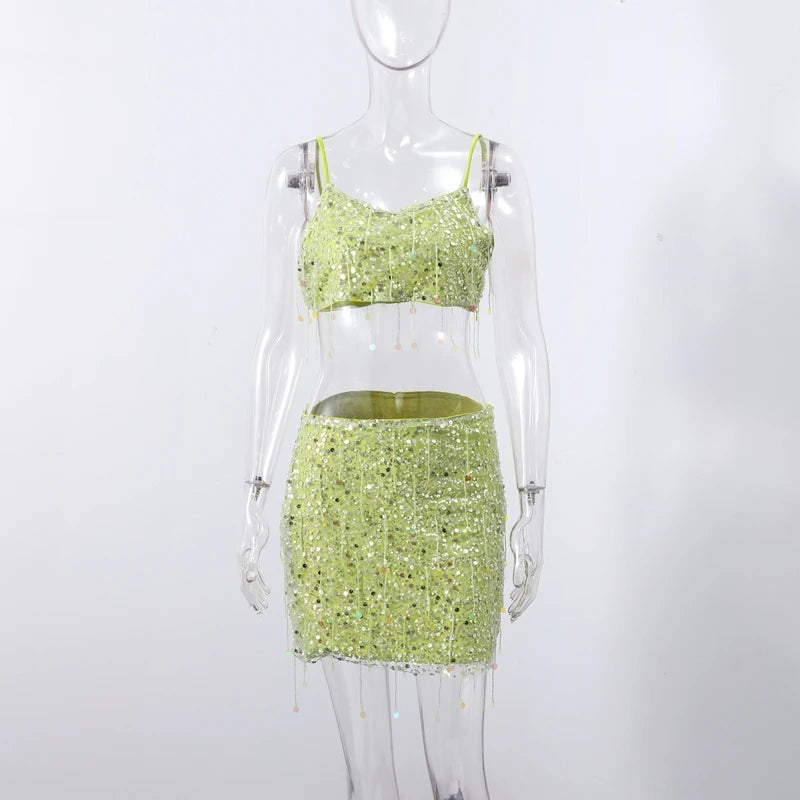 Sexy Tassel Sequins Vest Mini Skirt Women Crop Sling Vests Short Hip Package A-line Skirts 2026 Summer Lady Beach Party Outfits