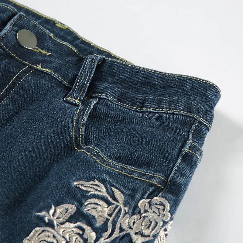 2026 Denim Trousers Y2K Flare Pants Jeans Women Embroidery Boot Cut Low Waist Washed Distressed Pockets Floor Length Streetwear
