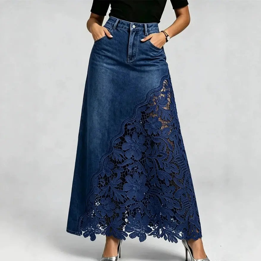 Women’s Lace Embroidery Patchwork Denim Maxi Skirt Vintage Washed With Pockets High Waist A-Line Hollow Out Chic Elegant Skirt