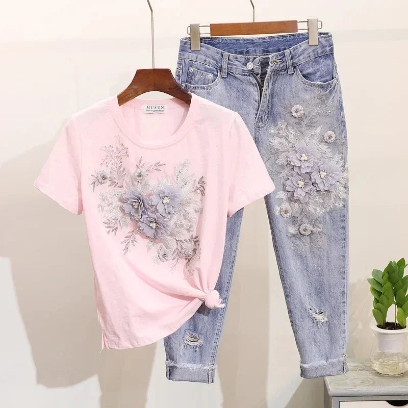 Two-Piece Suit 2025 Summer New Women Denim Pants Beading Embroidery Tshirt Tops+ High Waist Hole Jeans Female Casual Outfits