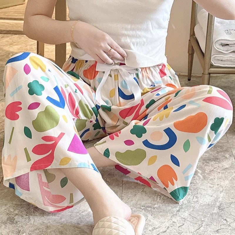 2025 Summer Sleeping Pants Women Thin Bottoms Spring Large Size Home Wear Pants Pajamas Flower Print Loose Cute Beach Trousers