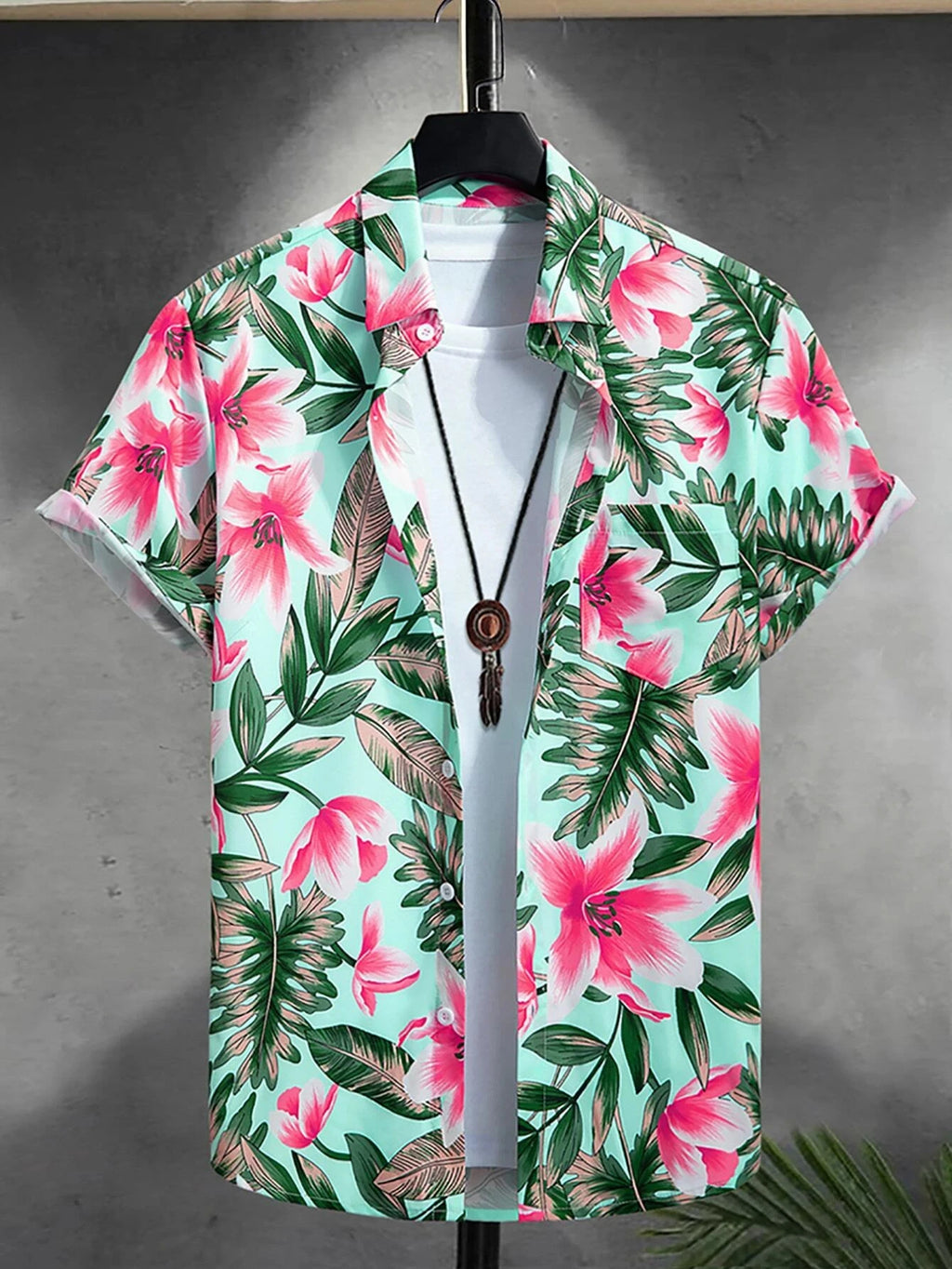Men's Hawaiian Botanical Flower Print Men's and Women's Short-Sleeve Shirts Men's Lapel Seaside Button-Down Casual Men's Shirts