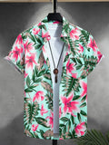 Men's Hawaiian Botanical Flower Print Men's and Women's Short-Sleeve Shirts Men's Lapel Seaside Button-Down Casual Men's Shirts