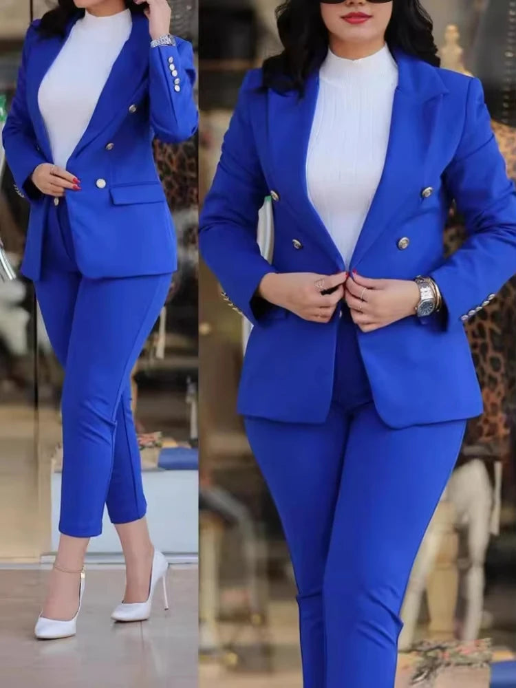 2Pcs Women's Solid Color Suit + Trouser Two-Piece Set Slim Fit Business Fashion Double Breasted Formal Female Clothes Outfit