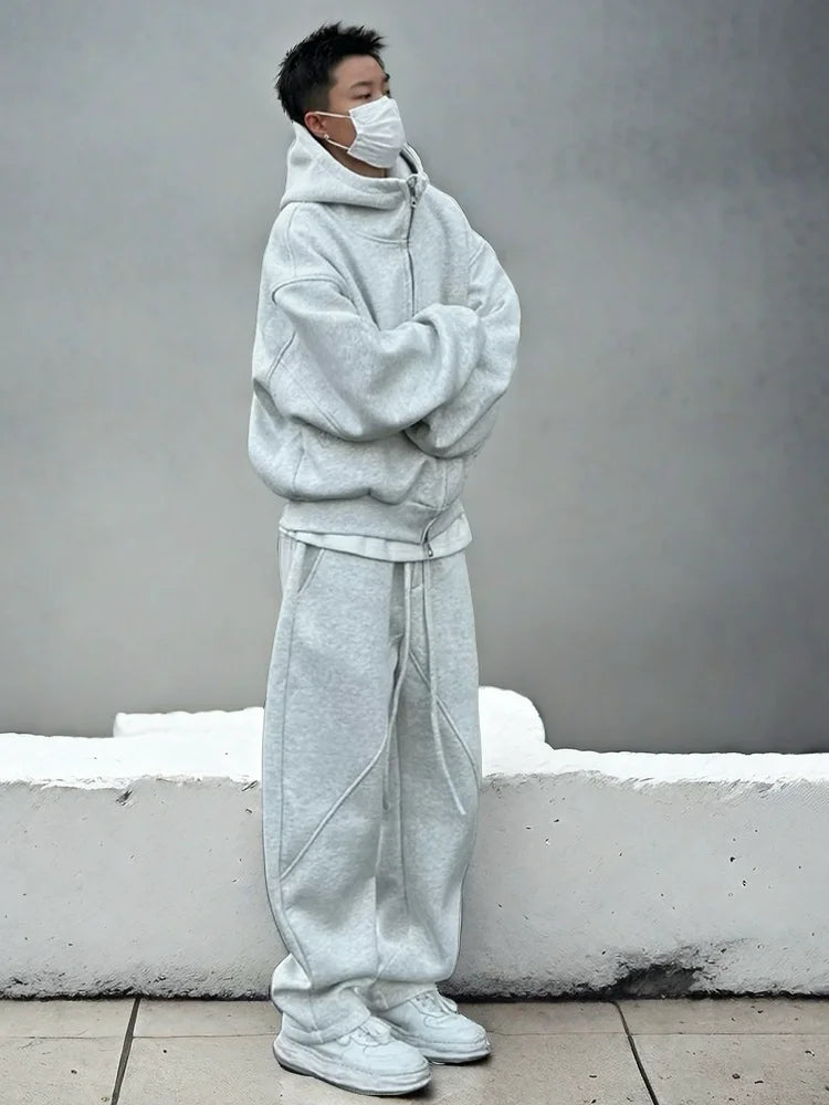 Autumn Winter Men's Casual Hoodie Sports Set Korean Fashion Loose Zip Up Hooded Sweatshirt and Sports Pants Two-piece Set