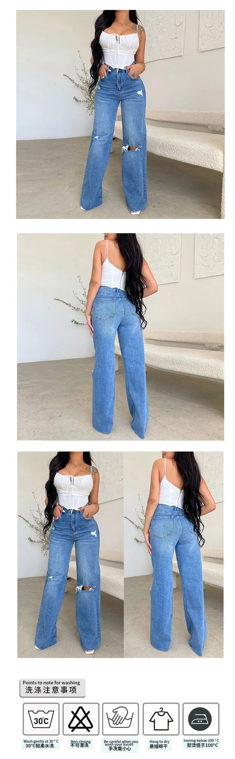 Baggy Jeans Women Flared Denim Pants High Waist Wide Leg Distressed Denim Jeans Light Wash Ripped Frayed Hem Jeans Pants