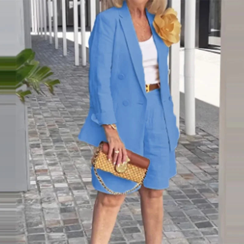 Summer New Solid Color Long Sleeve Shorts For Women's Suit Set Stylish Cardigan Female Office Suit 2 Piece Set