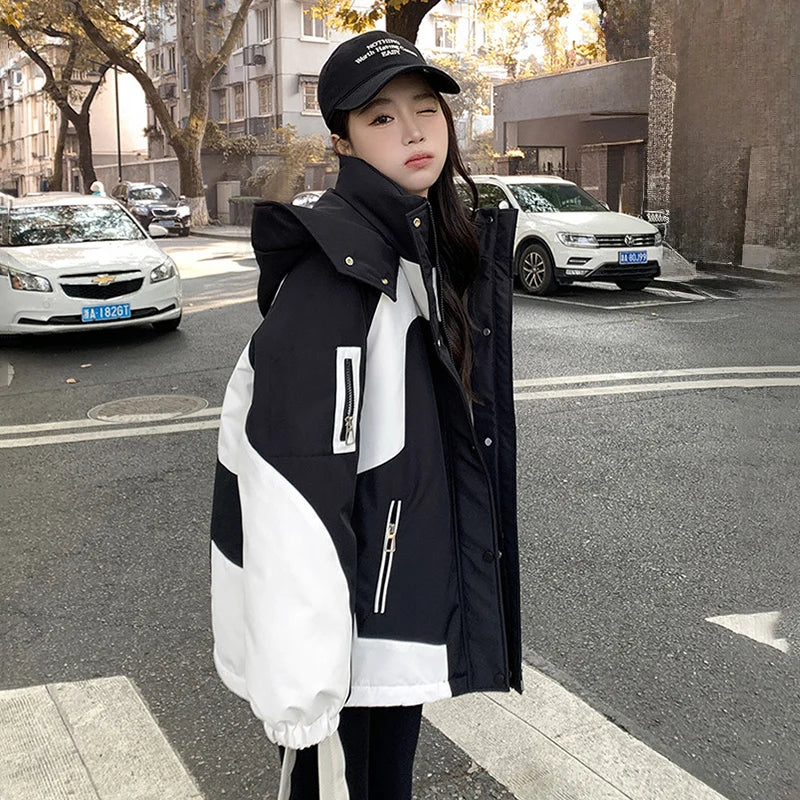 Black and White Patchwork Hiking Jacket Women Autumn Winter Winderproof Warm Hooded Zip Up Coat Korean Streetwear Couple Jackets