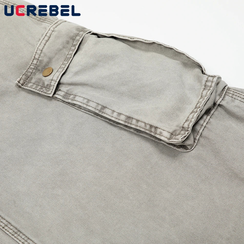 Multi-Pocket Cargo Jeans Mens Retro High Street Washed Distressed Straight Wide Leg Trousers Men
