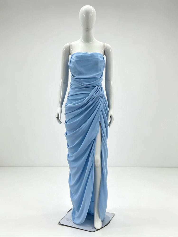 Elegant Backless Long Skirt Solid Color Simple High-Grade Waist Side-Opening Design Sexy Dinner Dress Celebrity Style