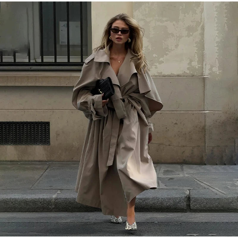 Casual Lace Up Long Trench Coat Women Chic Solid Color Full Sleeve Lapel Windbreaker 2026 Fall New Fashion Loose Commute Jackets