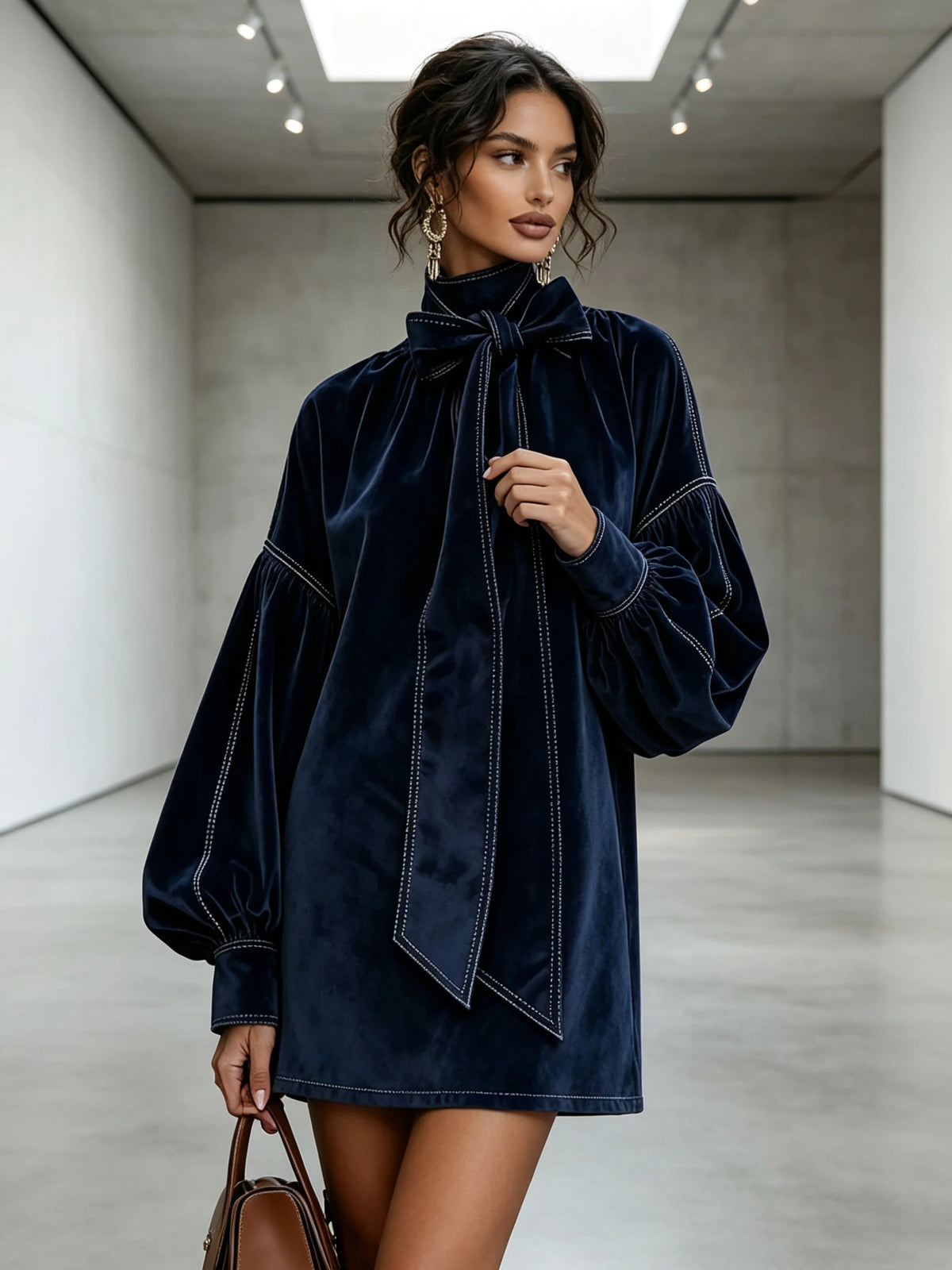 American Retro High Collar Lantern Sleeve Long Sleeve Bow Tie Elegant Velvet Women Mini Dresses Casual Autumn High Street Dress