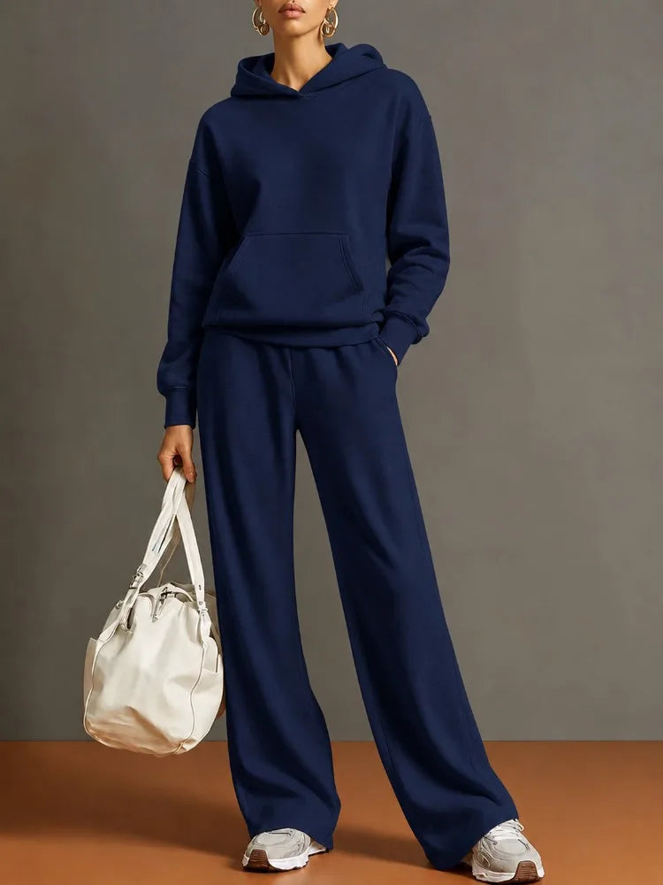 Autumn Fashion Warm Hoodie Sweatshirts Two Pieces Over Sized Solid Casual Hood Pullovers Long Pant Sets Women's Tracksuit Suit