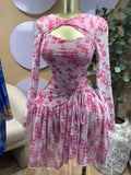 CM.YAYA Women Full Sleeve Print Stacked Ruffles Bodycon Mini Dress Fall Evening Birthday Vacation Party Vestidos Sexy Dresses