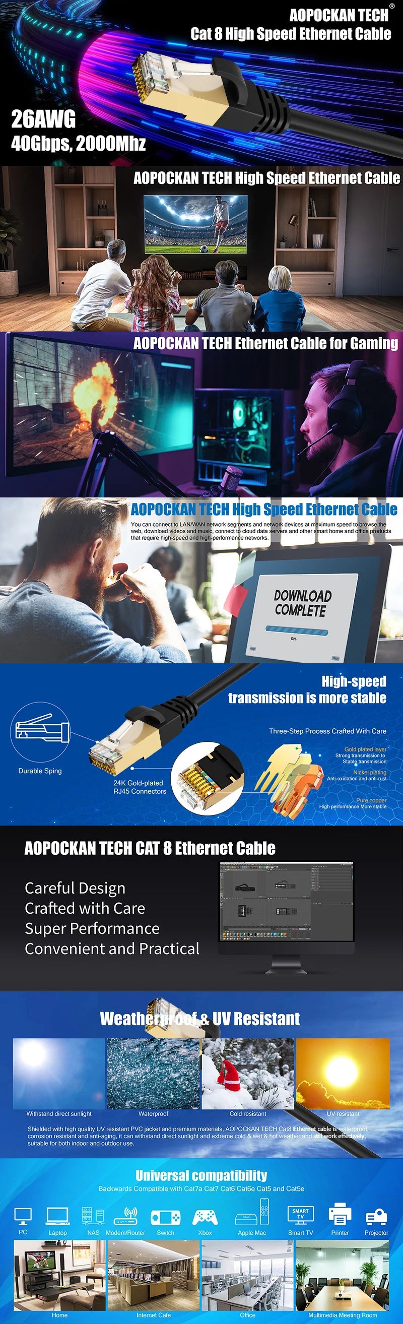 CAT 8 Ethernet Cable High Speed 0.3-30M 40Gbps 2000MHz Network Lan Cord RJ45 Shielded Indoor for Router PC PS5 Modem Xbox