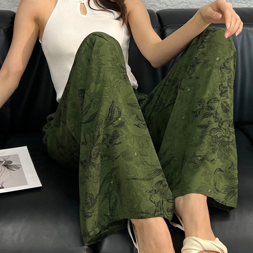 2025 Summer Sleeping Pants Women Thin Bottoms Spring Large Size Home Wear Pants Pajamas Flower Print Loose Cute Beach Trousers