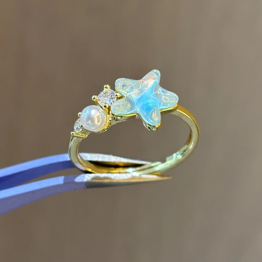 Vintage Blue Crystal Bow Knot Rings Women Gold Plated Open Adjustable Ring Sweet Heart Zircon Pearl Finger Ring Fashion Jewelry