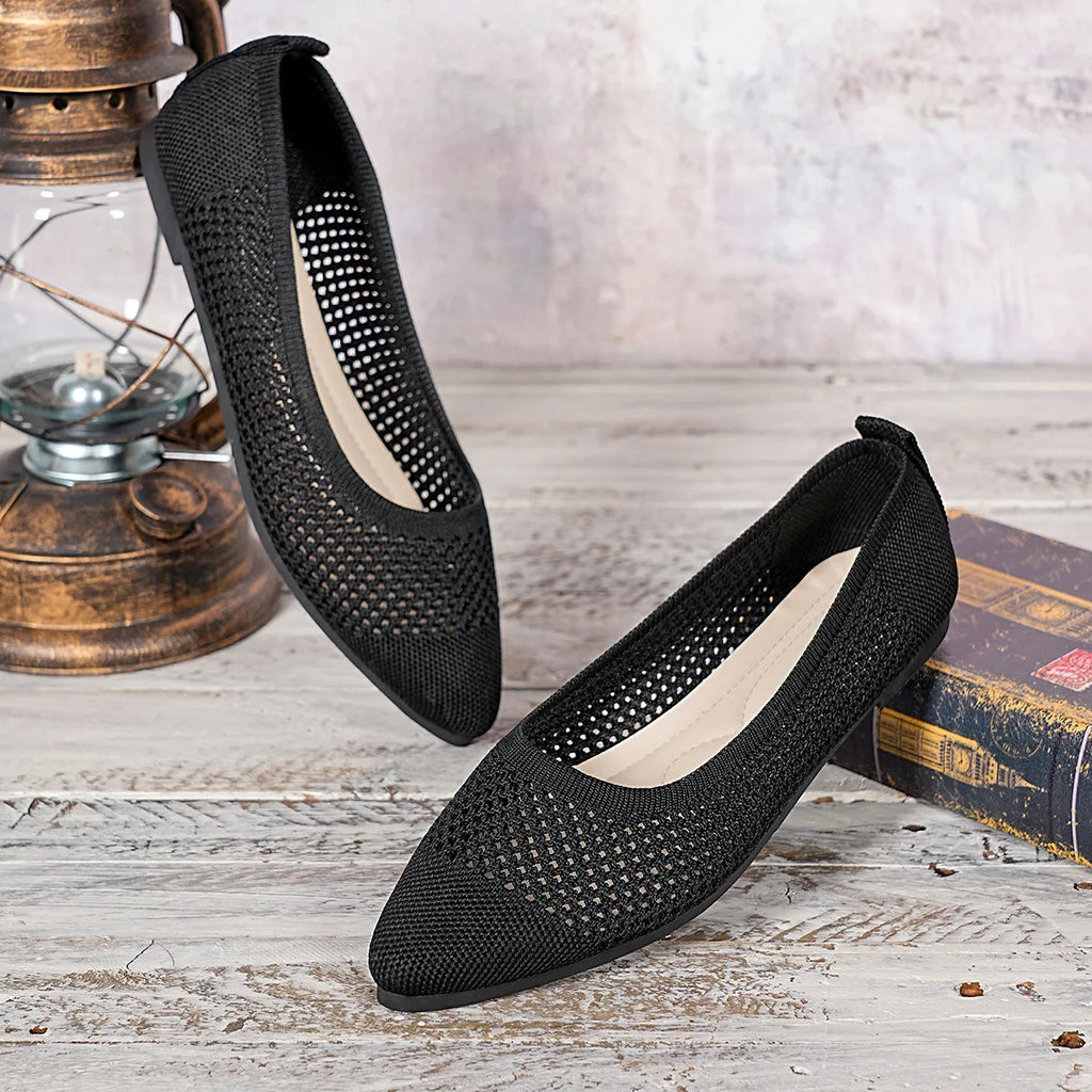 Women Lightweight Solid Knitted Shoes Women Pointed Toe Flats Breathable Mesh Casual Ballet Sneakers Slip on Ladies Loafers