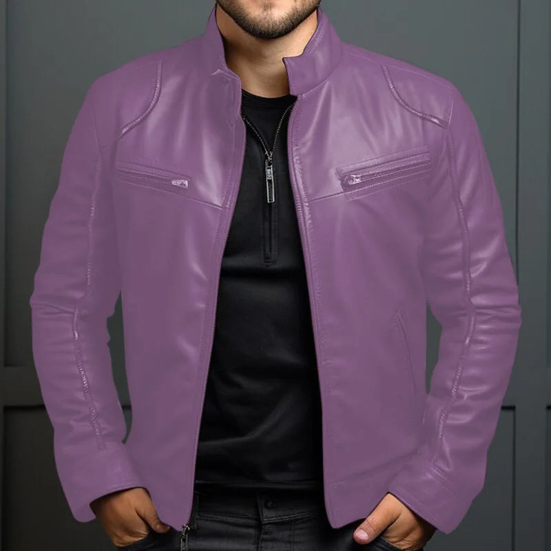 Asian Size Men's Motorcycle Leather Jacket Stand Collar Punk Biker Jacket Men's Casual Slim Fit PU Leather Coat Riding Jacket