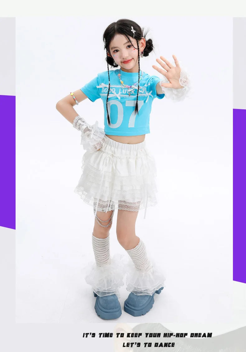 Kid Cute Hip Hop Clothing BLue Crop T Shirt Sleeves White Layered Lace Pleated Mini Skirt for Girls Jazz Dance Costume Clothes