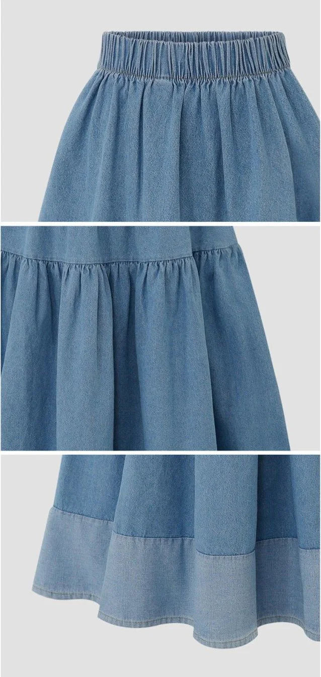 Blue Denim Skirt Womens High Waist Tiered Long Skirts Denim Elastic Casual Dress Elastic Waist A Line Jeans Skirt Girls Clothes