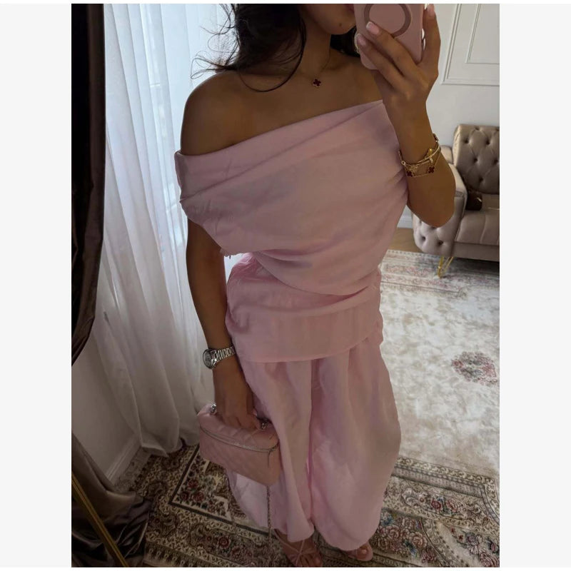 Solid One Shoulder Top Lantern Pants Set Women Chic Cotton Linen T-shirt Wide-leg Pants Suit Elegant Lady Summer Daily Outfits