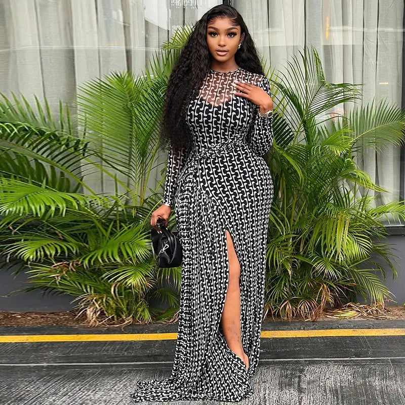 Women's Turtleneck Long Sleeve Waistband Ribbons Decoration Hips Wrapped Split Long Dress, Slight Perspective