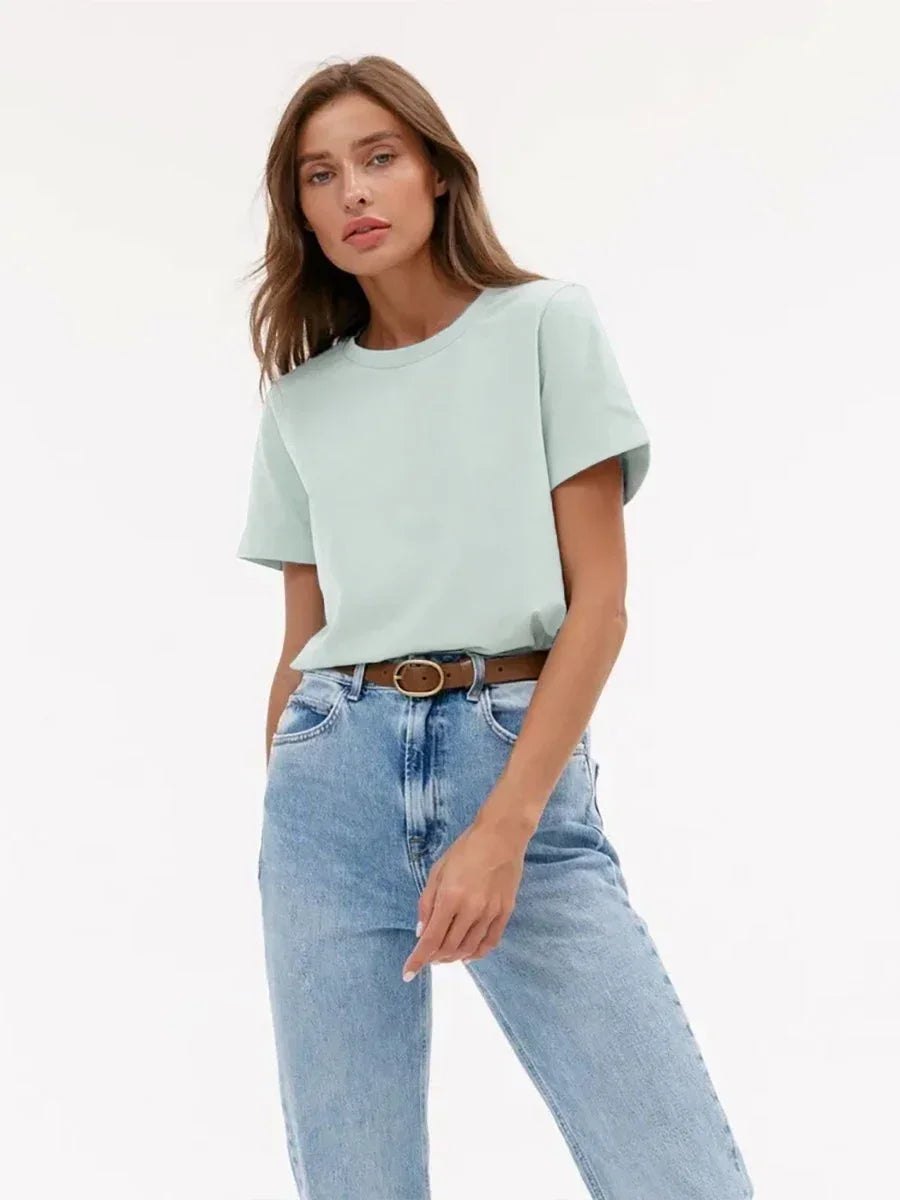 Summer 100% Cotton Women's T-shirt Bottoming Basic Fashionable Lady Short Sleeve Loose Tops Shirts Solid 200g/㎡ Tops