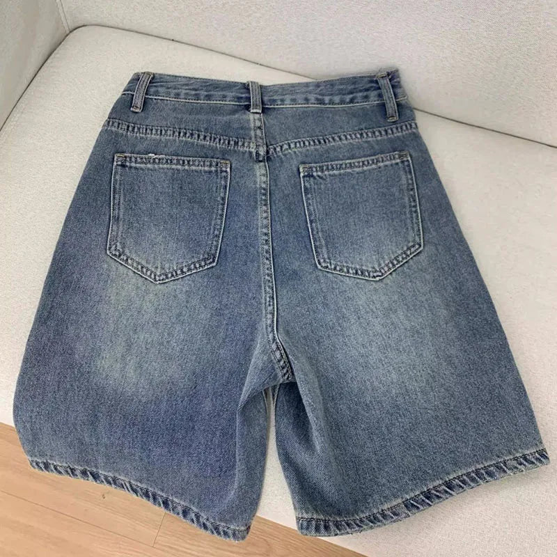 High Waisted Loose Denim Shorts Women Vintage Streetwear Wide Leg Knee-length Jeans Summer Casual Wide Leg Jean Shorts