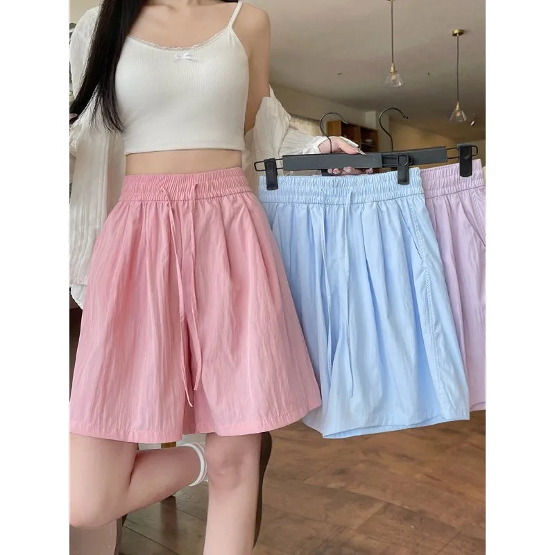 Summer New Solid Women’s Shorts Casual Drawstring Design Wide Leg Pants Women Korean Streetwear Shorts Trousers Oversized 2026