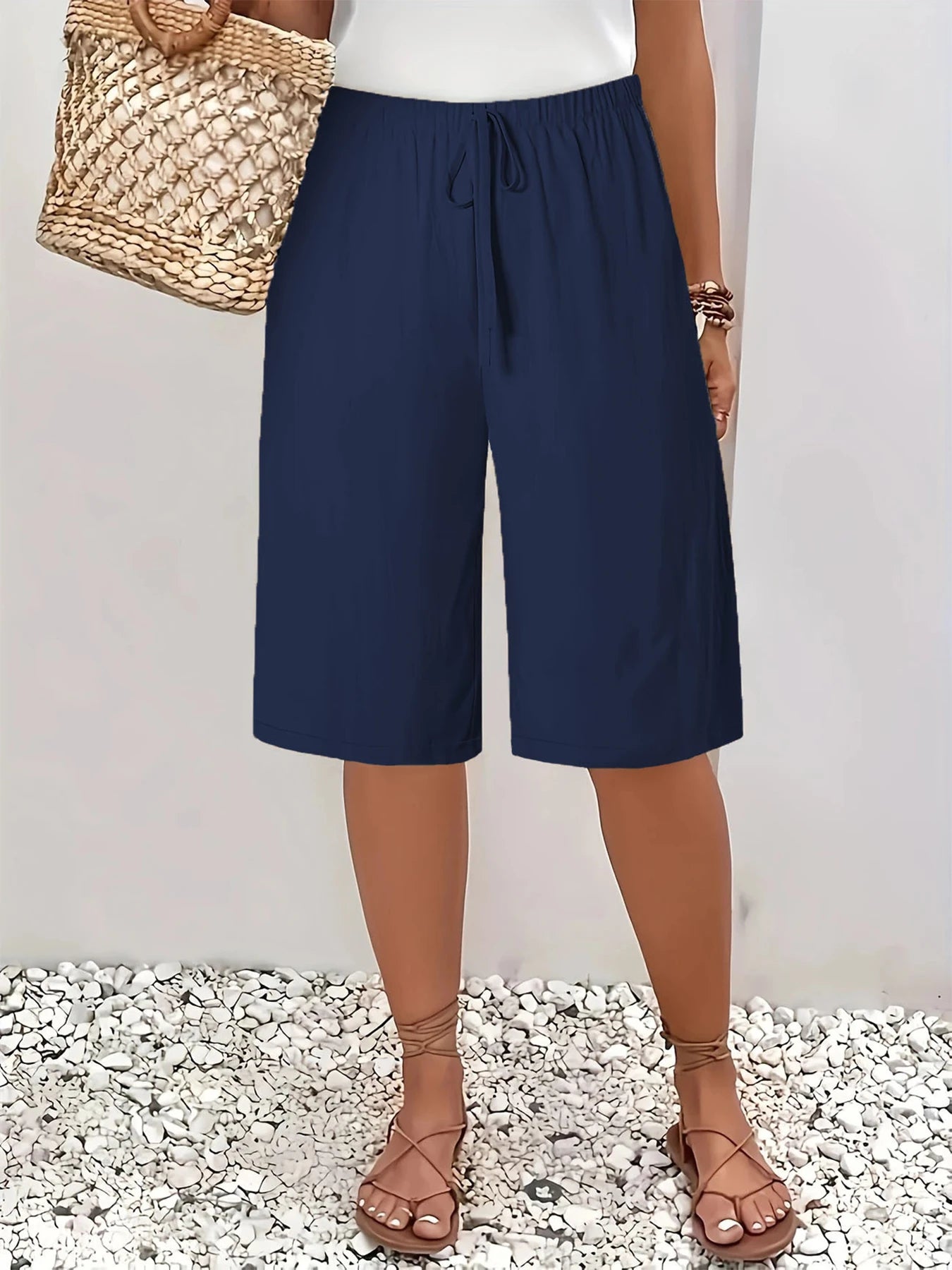Women's Elastic Waist Drawstrings Casual Wide Leg Knee Length Pants‌