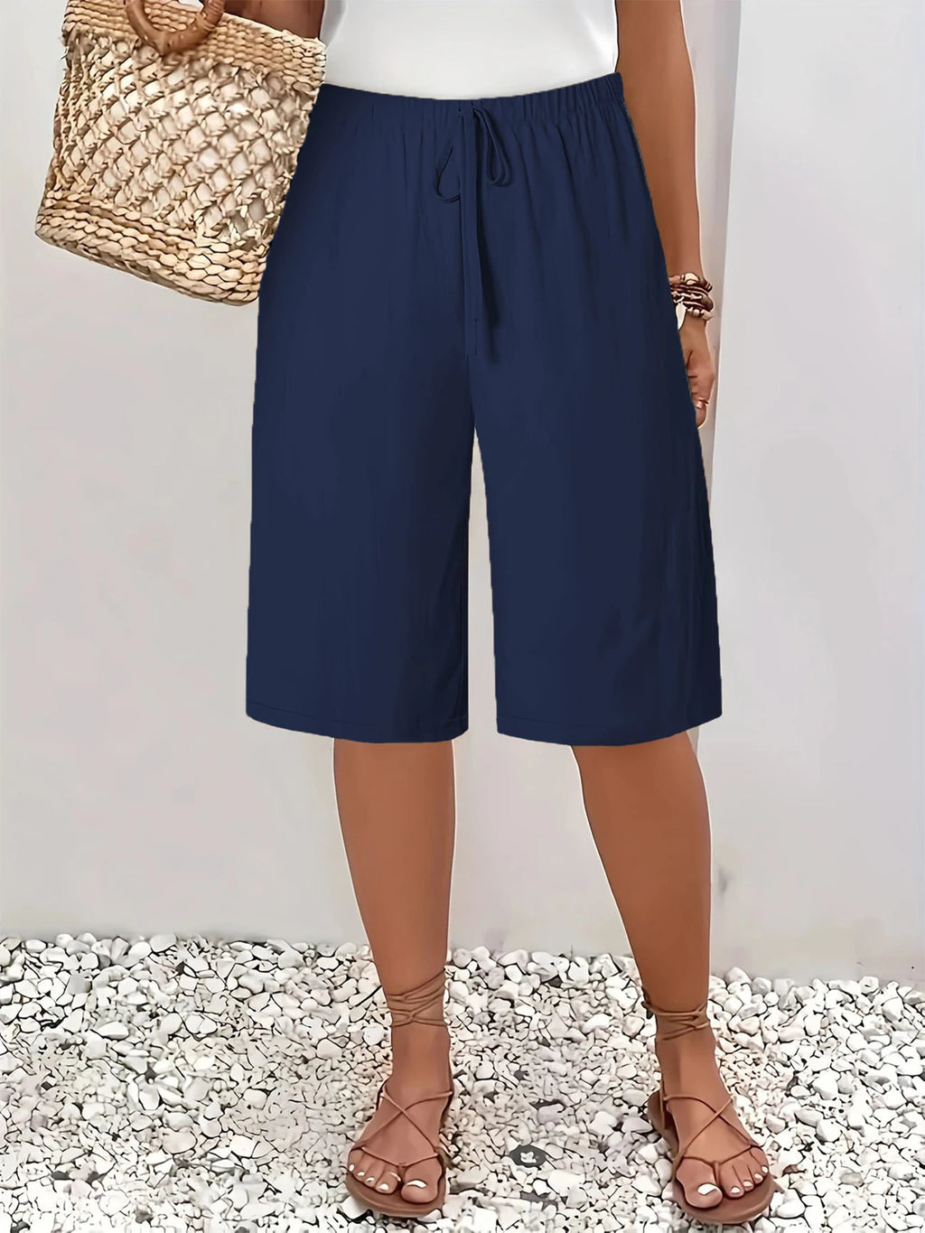 Women's Elastic Waist Drawstrings Casual Wide Leg Knee Length Pants‌