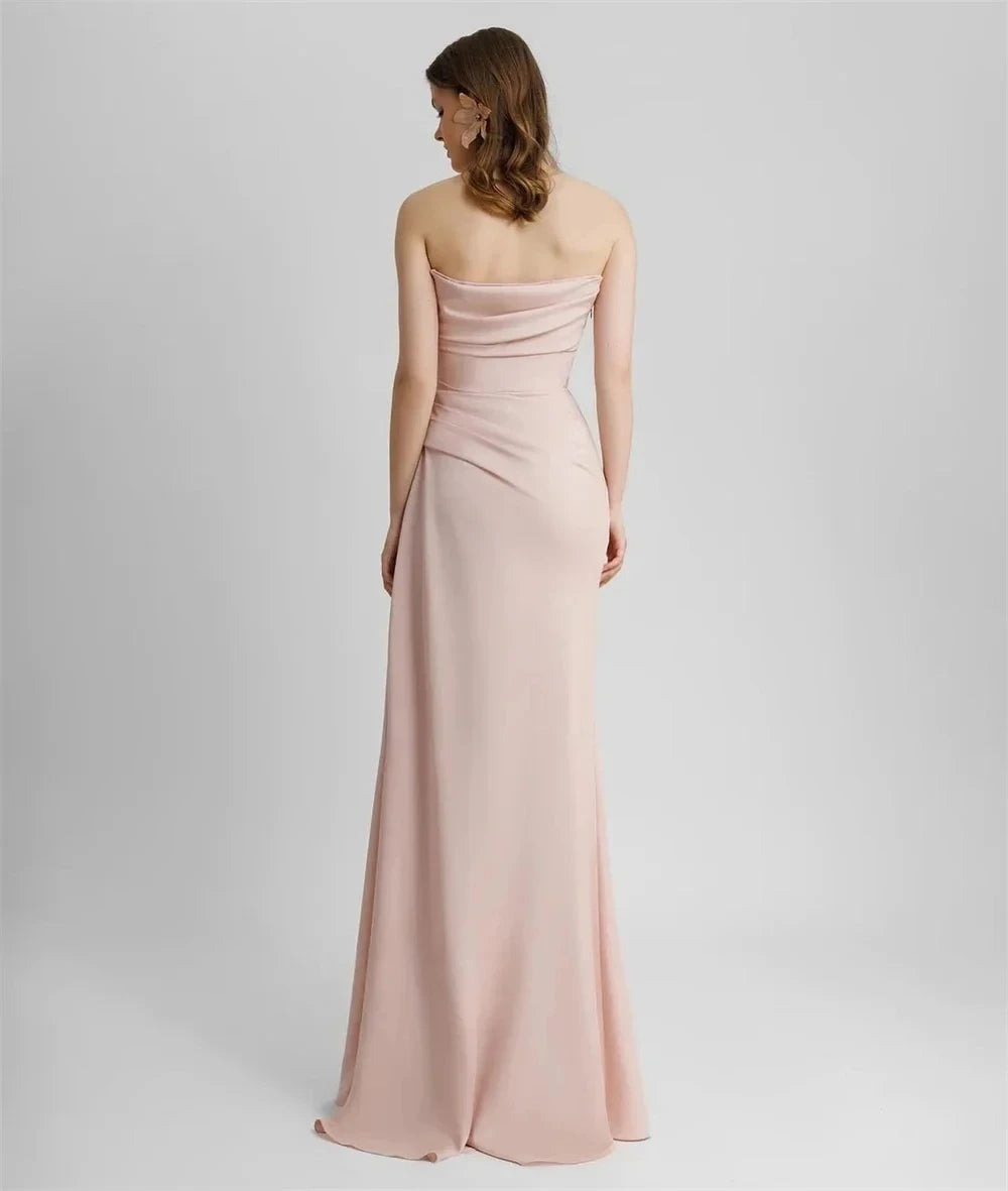 Elegant Light Pink Evening Formal Dress Strapless Heavy Beads Floor Length Satin Prom Pageant Party Gowns Robe De Soiree