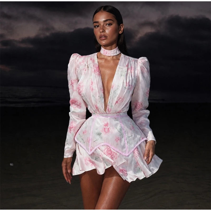 Sexy Women's Floral Printed Mini Ruffle Skirt Set Slim Lace Trim Hollow Spaghetti Strap Top Pleated Skirts 2026 Summer Lady Suit