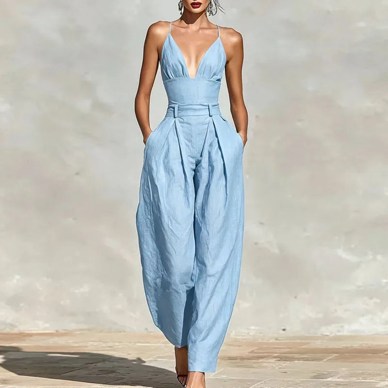 Elegant Sexy V-Neck Spaghetti Strap Jumpsuit Women High Waist Wide Leg Casual Romper Spring Boho Solid Backless Pockets Overalls