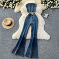 Denim Pant Set Women Two Piece Sets Sexy Matching Sets Sleeveless Short Tops Long Flare Pants High Waist Slim Hot Diamond