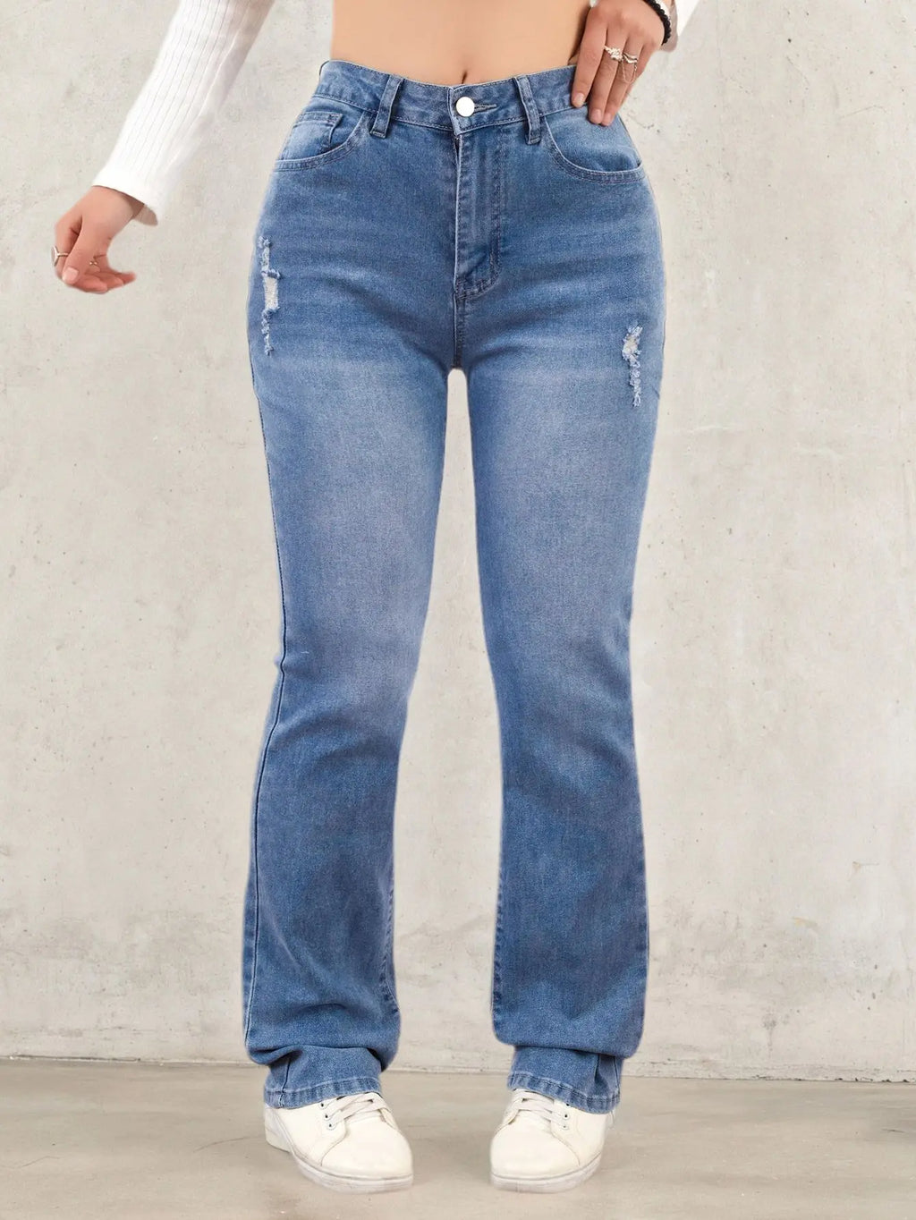 Women's denim pants suitable for all seasons light blue simple casual fashionable versatile elastic perforated flared pants